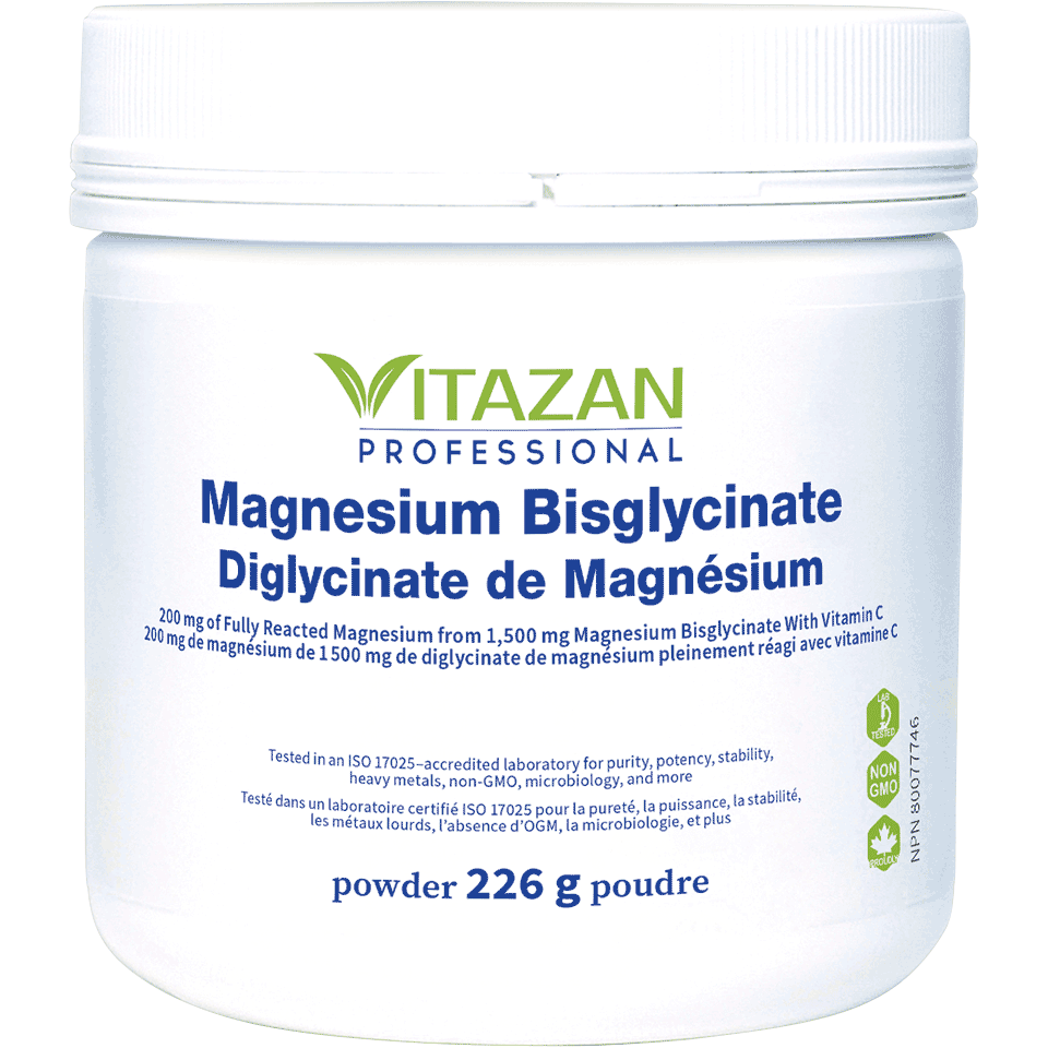 Magnesium Bisglycinate
(Powder · 200 mg of Fully Reacted Magnesium Bisglycinate With Vitamin C per Scoop)